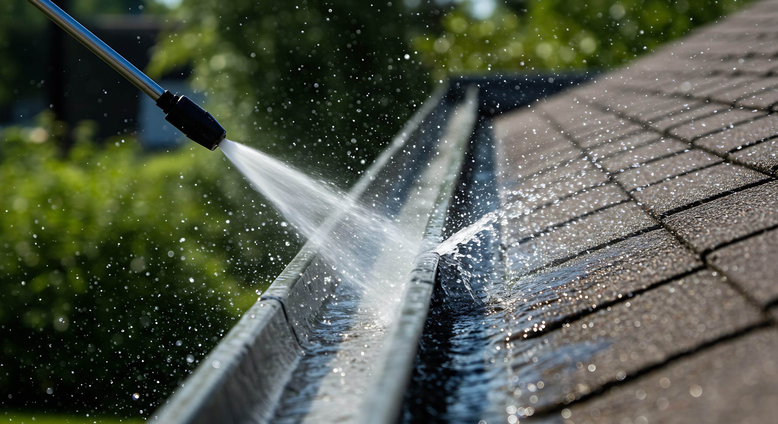 High-pressure water jet cleaning clogged gutter on a house roof, close-up view