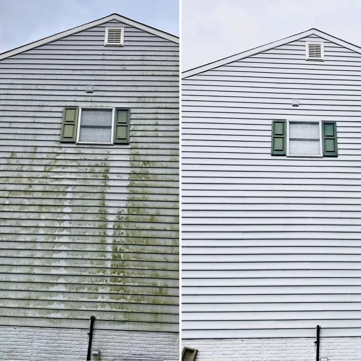 Before and after shot of white house clean after house wash with low pressure.