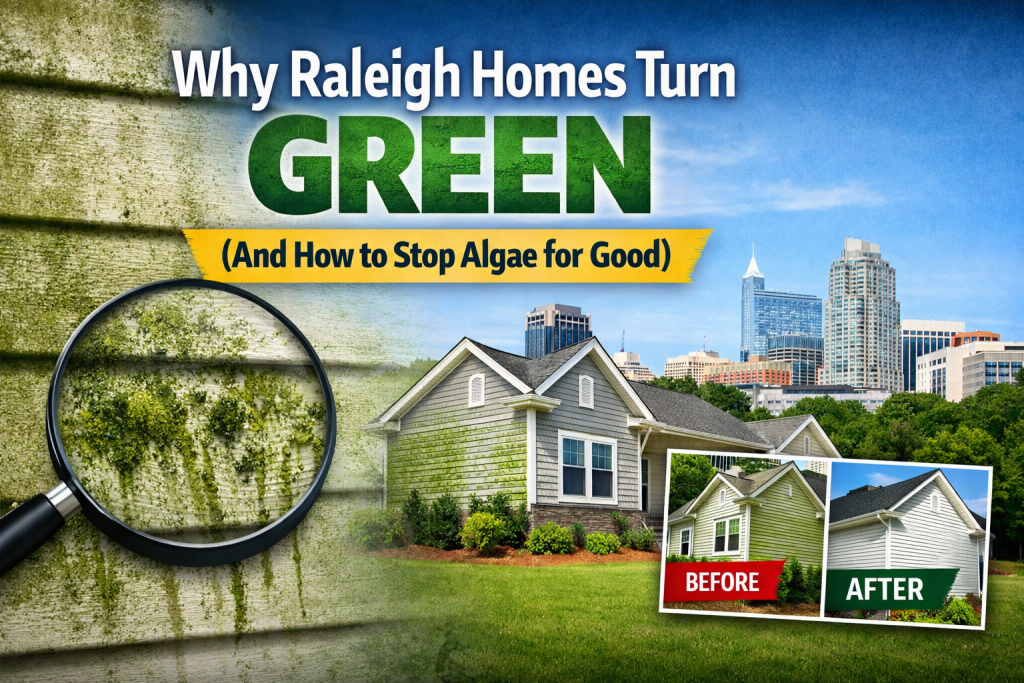 Why Raleigh homes turn green from algae and how professional soft washing removes it for good. Protect your siding with expert pressure washing in Raleigh, NC.